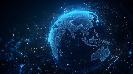 Digital world globe centered on Asia and Middle East, concept of global network and connectivity on Earth, data transfer and cyber technology, information exchange and internation