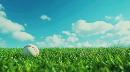 A single baseball resting on vibrant green grass under a clear blue sky with fluffy white clouds, capturing the essence of leisure and sportsmanship.