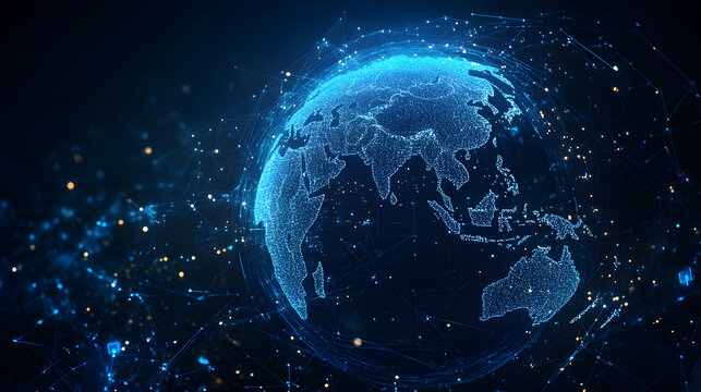 Digital world globe centered on Asia and Middle East, concept of global network and connectivity on Earth, data transfer and cyber technology, information exchange and internation - Powered by Adobe