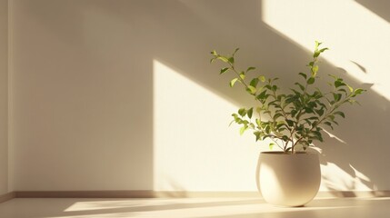 Bright interior scene featuring a potted plant bathed in soft sunlight against a clean white backdrop, creating a serene and tranquil atmosphere.