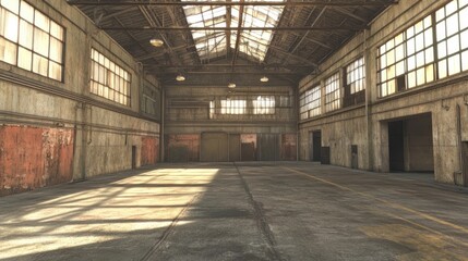 Spacious vacant warehouse interior featuring high ceilings, large windows allowing natural light, and concrete flooring with visible wear and age.