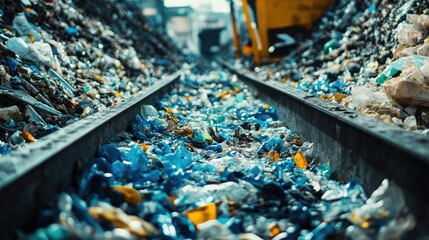 Conveyor belt for waste sorting overflowing with colorful plastic materials, showcasing the recycling process in action.