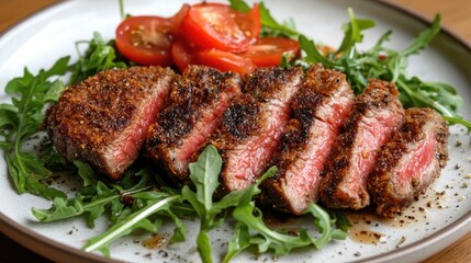 Crispy fried beef steak sliced and placed on a bed of fresh arugula with vibrant red tomato slices garnishing the dish.