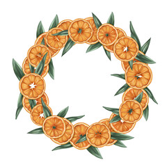 Fototapeta premium Christmas wreath of oranges, tangerines, leaves. Handmade eco Christmas toy, winter organic decorations, seasonal handmade garland. Sustainable Xmas, zero waste celebration. Isolated illustration