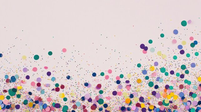 Blank greeting card placed on a vibrant bed of colorful sequins and confetti set against a soft purple background, ideal for personalized messages.