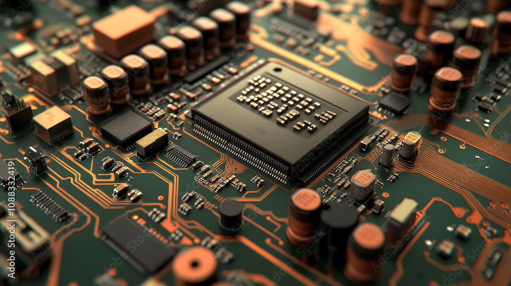 Aufkleber a computer's main circuit board, showing the processor, chips, and electrical pathways. a 3d image.
