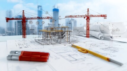 A team of architects and engineers collaborating to review eco friendly construction plans that incorporate sustainability practices and green building techniques for a modern