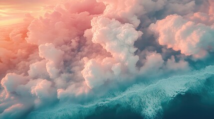 Obraz premium Vibrant sunset clouds above ocean waves with soft pink, blue, and green hues creating a breathtaking natural scene ideal for text overlay.