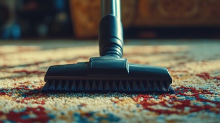 Close-up of a turbo brush vacuum attachment on a soiled carpet, showcasing a clean section juxtaposed with dirt during household cleaning tasks.