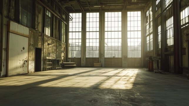 Industrial warehouse interior with large windows, roller shutter door, and concrete floor, illuminated by natural light for a spacious atmosphere.