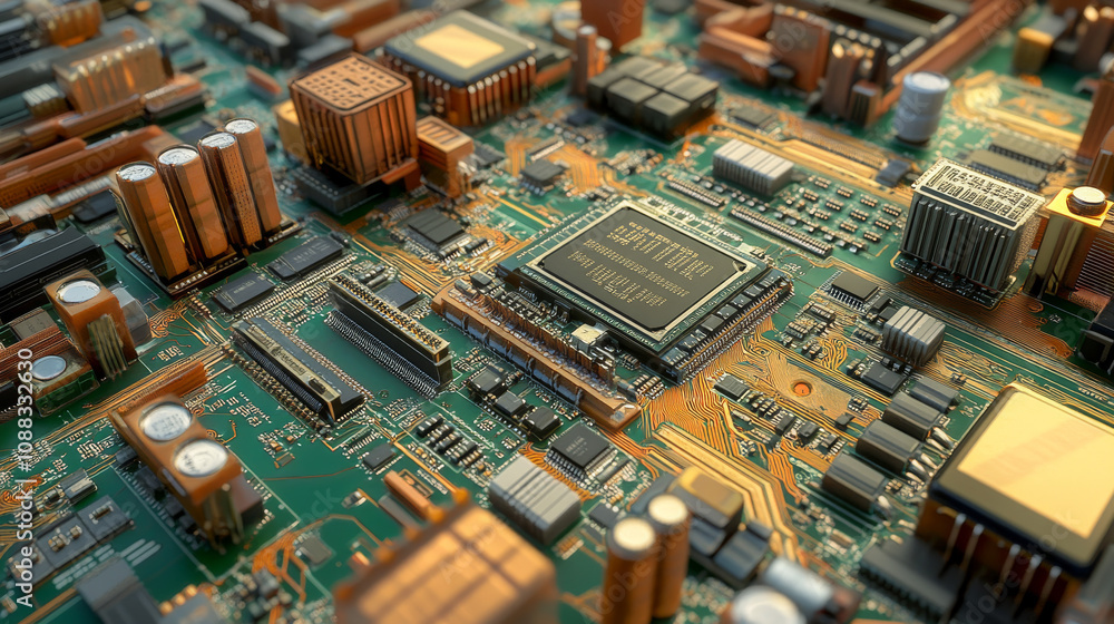 Poster a computer's main circuit board, showing the processor, chips, and electrical pathways. a 3d image.