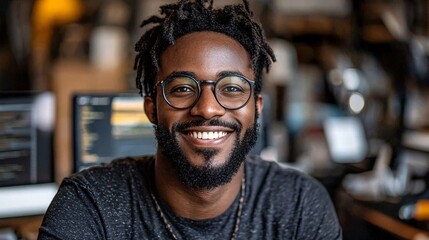 Obraz premium a smiling ethnically ambiguous male website coder (30 years old), wearing business casual clothing, working at a desktop computer, with coding on the screen, in a home office 