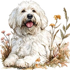 Happy Goldendoodle Dog in Wildflowers A cheerful watercolor-style illustration of a Goldendoodle dog lying amidst a vibrant array of wildflowers.