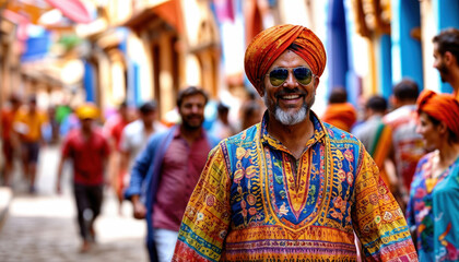 Fototapeta premium Smiling Man in Colorful Traditional Attire on Vibrant Street