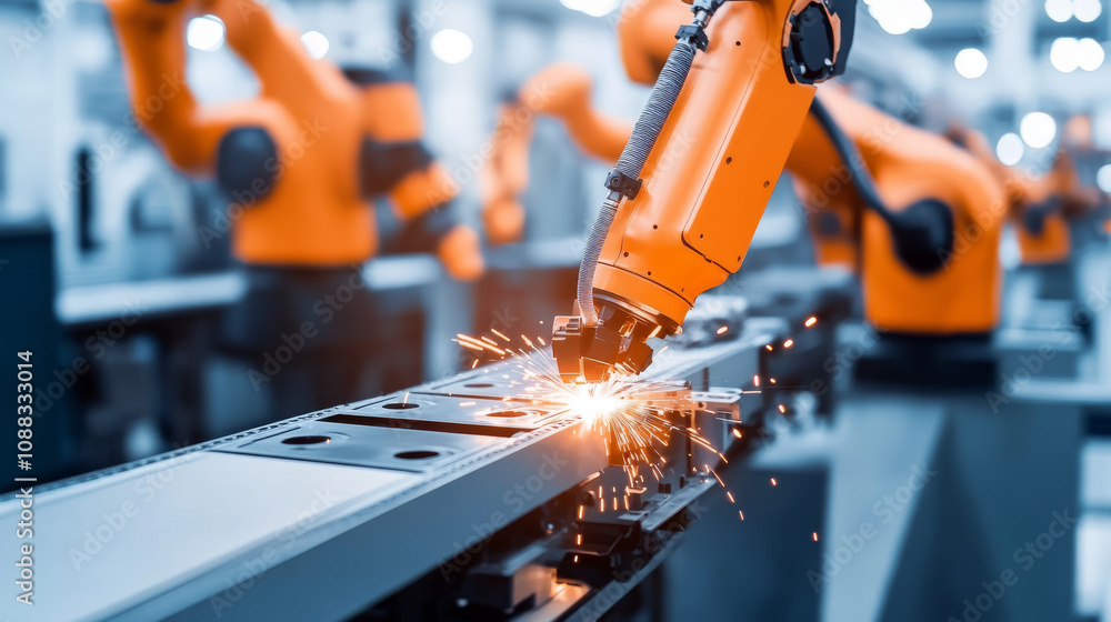 Poster robots weld car parts on a factory's automated assembly line.