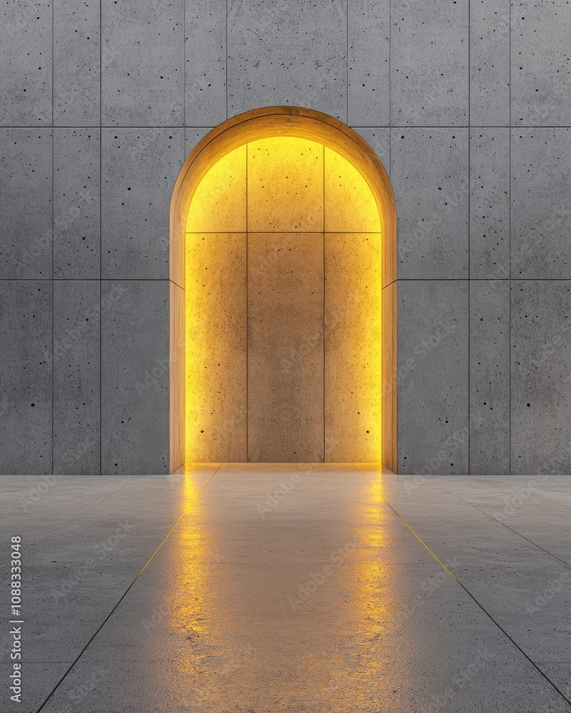 Poster a minimalist archway with warm lighting set against a textured concrete wall, creating an inviting a