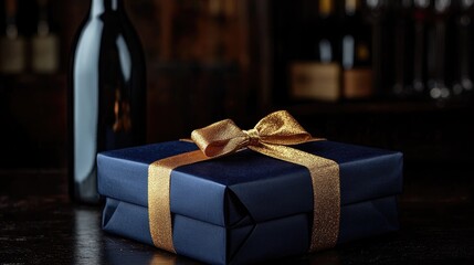 Elegant dark blue gift box with a shimmering gold ribbon set against a dark backdrop, perfect for festive celebrations and customizable text spaces.