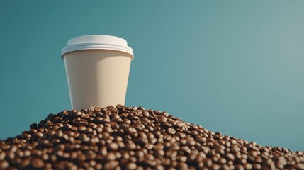 Coffee cup positioned on a heap of roasted coffee beans against a vibrant background, ideal for adding text or promotional banners.