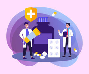 Doctor with prescription and pharmacist with ointment tube discussing treatment, pills and drug in drugstore. Vector illustration for pharmacy, medicine, medical checkout concept