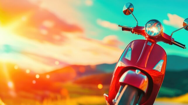 Vibrant sunset over a maroon scooter parked on a scenic mountain road, capturing the essence of summer adventure and freedom in stock photography.