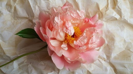 Delicate pink peony flower resting on crumpled paper surface, showcasing soft petals and vibrant yellow center in a festive, flat lay composition.