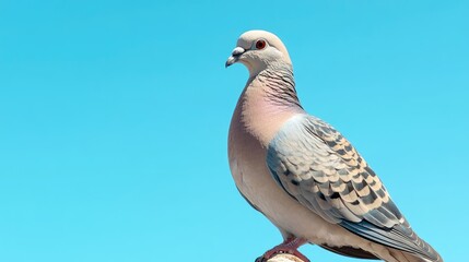 Fototapeta premium Dove perched gracefully against a vibrant blue sky, showcasing detailed plumage and a calm demeanor.