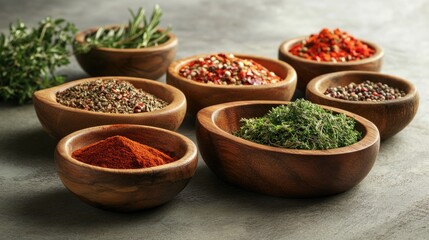 Assorted colorful spices and herbs in rustic wooden bowls on a textured surface, showcasing a rich variety and natural arrangement.