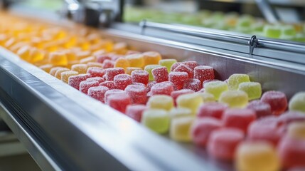 Defective chewy candies on a production line with vibrant colors and irregular shapes in a sweets manufacturing facility setting.