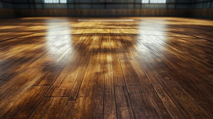 Close-up view of a polished basketball court floor showcasing intricate wood textures and reflections under natural light.