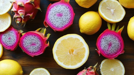 Vibrant detox beverage ingredients featuring sliced dragon fruit and fresh lemons on a rustic wooden surface, showcasing color and freshness.