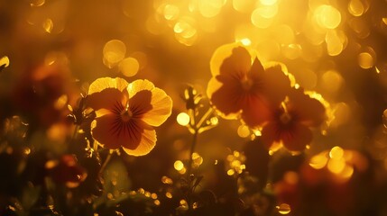 Delicate pansy flowers glowing gently in warm sunlight, surrounded by a dreamy backdrop of sparkling bokeh lights in soft golden hues.