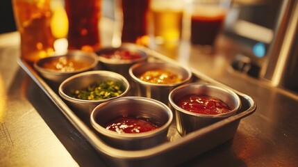 Condiment tray with assorted sauces including spicy varieties, set in a casual diner atmosphere with drinks in the background