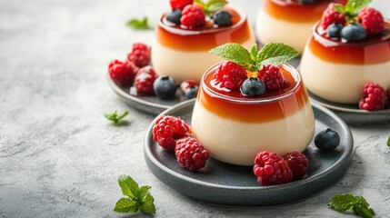 Homemade panna cotta dessert with smooth caramel and flan layers, topped with fresh raspberries, blueberries, and mint leaves on elegant plates.