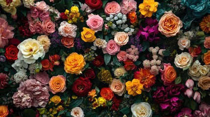 Lush array of blooming roses and vibrant flowers in various colors ideal for invitations, announcements, and diverse design themes.