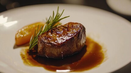 Duck fillet elegantly plated with a citrus sherry reduction sauce, garnished with a sprig of rosemary and accompanied by a citrus slice.