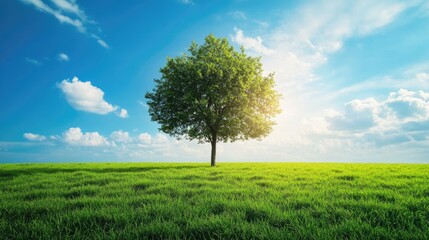 Fototapeta premium Lone green tree standing in a vibrant green field beneath a bright blue sky dotted with fluffy white clouds and warm sunlight.