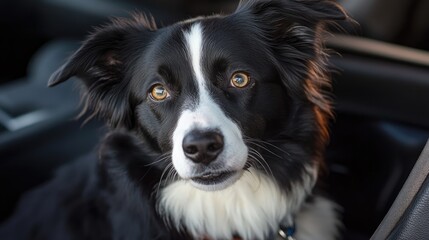 Fototapeta premium Border collie with expressive eyes resting in a car, emphasizing the importance of pet safety during hot weather and the dangers of leaving dogs in vehicles.
