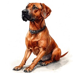 Watercolor Painting of a Rhodesian Ridgeback Dog Sitting; Vibrant Canine Portrait.