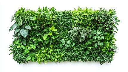 Lush green vertical garden featuring a variety of tropical plants with diverse leaf shapes and textures against a clean white background.