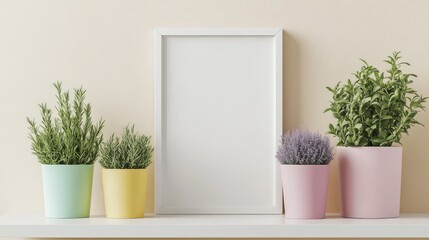 Herb plants in pastel-colored pots, featuring rosemary, oregano, and lavender, arranged on a shelf with an empty white frame against a soft beige background.