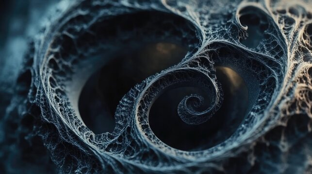 Intricate dark 3D swirls form an enigmatic and captivating abstract design with deep textures and ethereal shapes blending seamlessly.