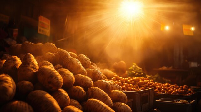Sunlight streaming through a market, highlighting vibrant puna yams Dioscorea piled amongst fresh produce in a bustling food stall.