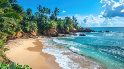 Fototapeta premium Serene coastal view with golden sands, lush palm trees, and gentle waves under a bright blue sky with fluffy clouds. Ideal tropical paradise setting.