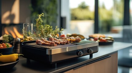 Fototapeta premium Indoor electric grill on modern countertop with vegetables and herbs, cooking meat for an inviting barbecue experience. Bright airy kitchen setting.