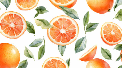 Watercolor Illustration of Orange Slices and Leaves on a White Background - A Fresh and Vibrant Design for Summer