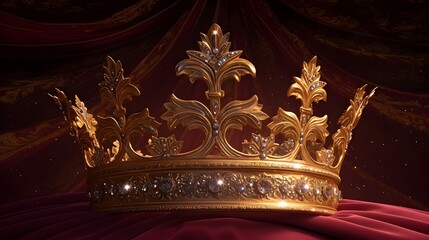 Ornate Golden Crown Adorned with Sparkling Jewels Displayed on Burgundy Velvet Cushion