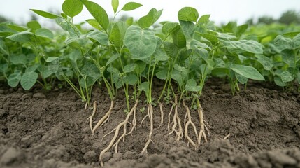 Soybean plants with lush green leaves showcasing intricate root systems emerging from the dark, rich soil beneath the surface.