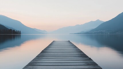 Fototapeta premium Serene wooden pier extending into a tranquil lake under a pastel sunset sky, reflecting calm waters and surrounding mountain silhouettes.