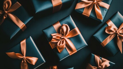 Dark gift boxes elegantly wrapped in satin ribbons and bows, set against a black backdrop, creating a stylish holiday atmosphere with ample copy space.