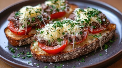 Toasted bread slices topped with fresh beef tomatoes, melted cheese, and sprinkled with herbs on a dark plate.